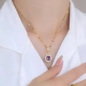 KL94 - Kalung WaterDrop Stone Hijau Glamour Perhiasan Perhiasan Titanium