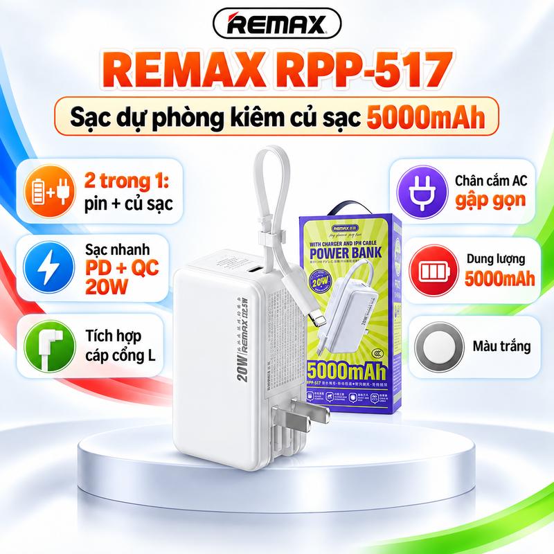 SẠC DỰ PHÒNG KIÊM CỦ SẠC REMAX RPP-517 5000MAH - TÍCH HỢP CÁP L, SẠC NHANH 20W ĐA NĂNG