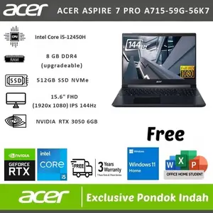 Acer Aspire 7 Pro A715 i5 12450H RTX3050 16GB 512GB 15.6" FHD 144Hz Win11 OHS2024