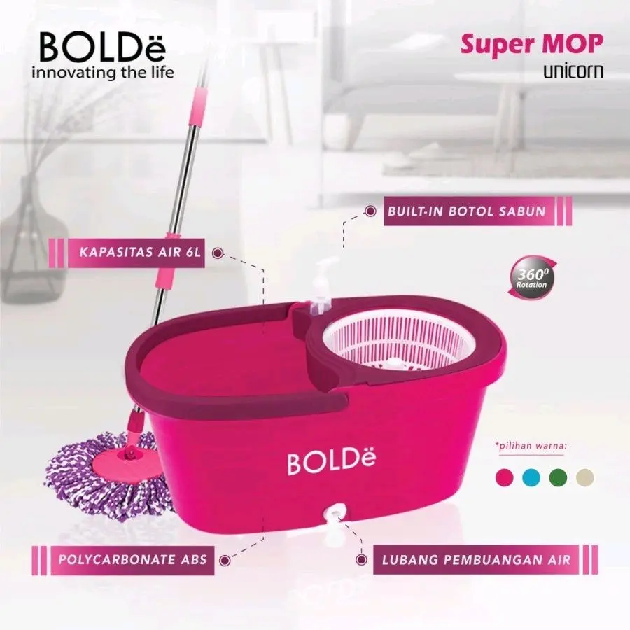 Alat Pel Bolde Supermop UNICORN Otomatis Tongkat Putar Ember Murah Pel Super Mop Paket Pel dan Ember Gagang Kain Lantai Microfiber Pembersih Biru Coklat Hijau