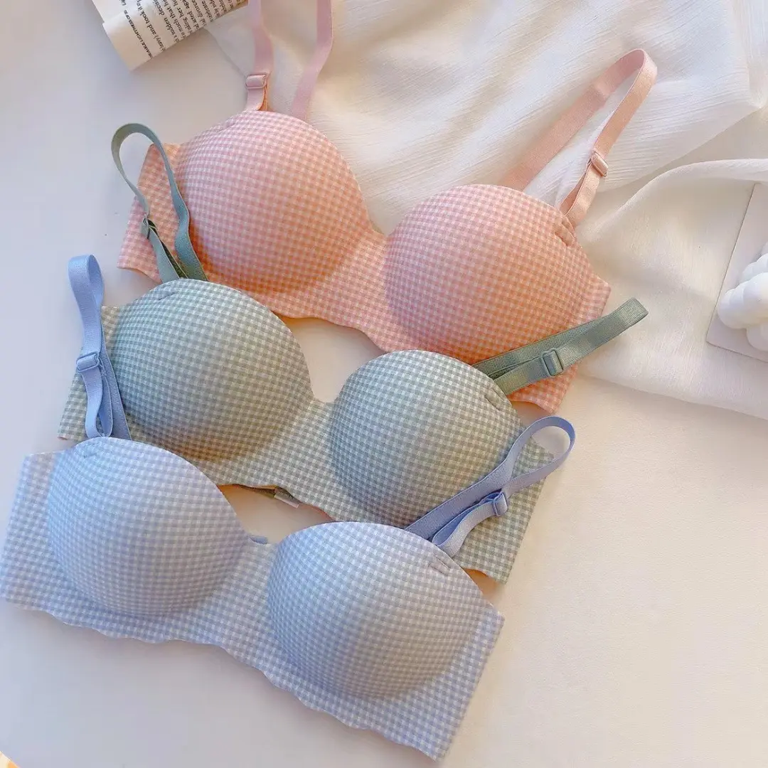 Checkered Multi Colors Bra Small Breasts Thicken Gathered Sweet Girl Underwear without Steel Ring Top Support Breathable Skin-friendly Soft Lingerie