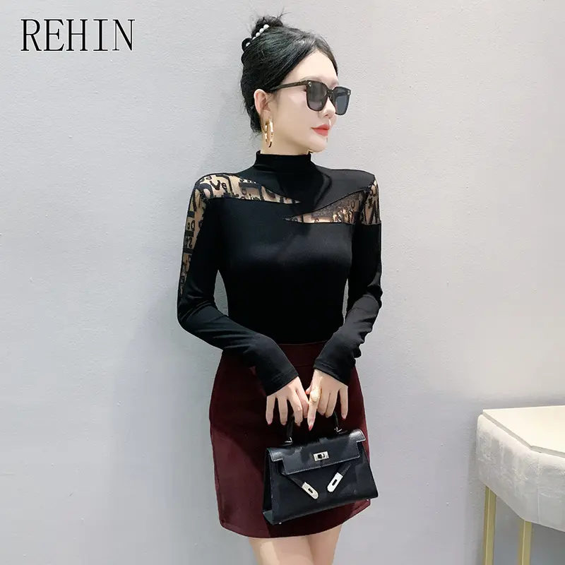 REHIN Áo Thun Cotton Dài Tay Bất Đối Xứng Phong Cách Hàn Quốc Mới Mùa Thu Đông, Dáng Ôm, Áo Nữ Thời Trang Top Women 4