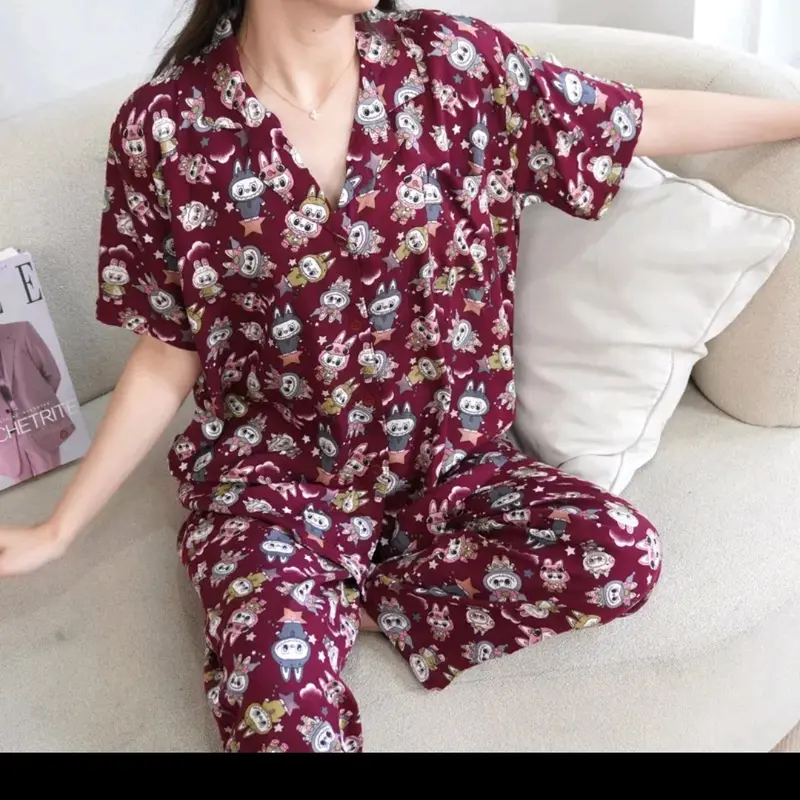 Piyama Labubu Rayon Wanita Motif Lengan Pendek - Busui jumbo Setelan Celana Panjang - Bahan Rayon Premium 4