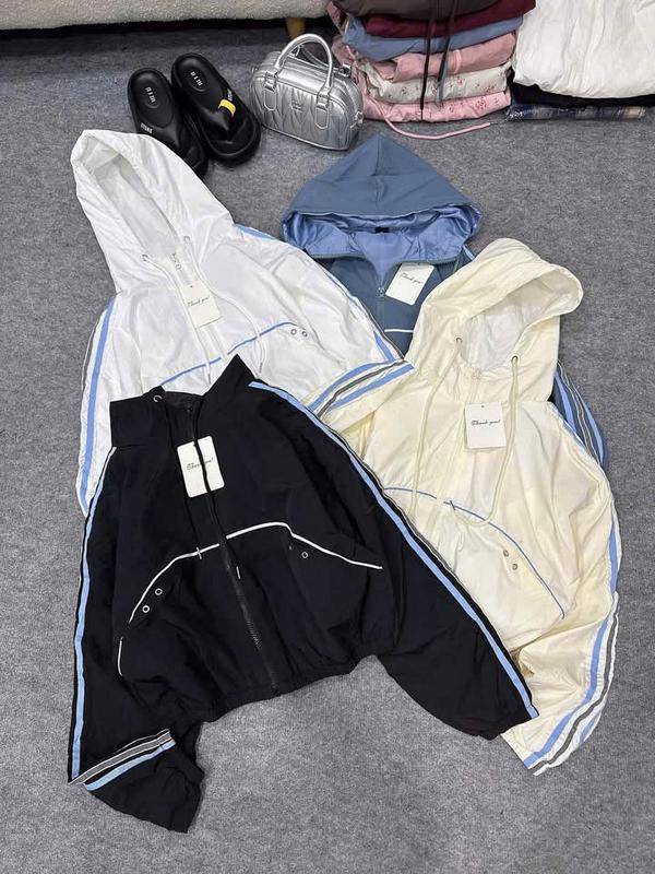 T87 Áo Khoác Dù Nhăn 2 Lớp Chạy Mí Viền Sọc Tay Form Lửng Nữ Tay Phồng Xinh Chống Nắng Tốt