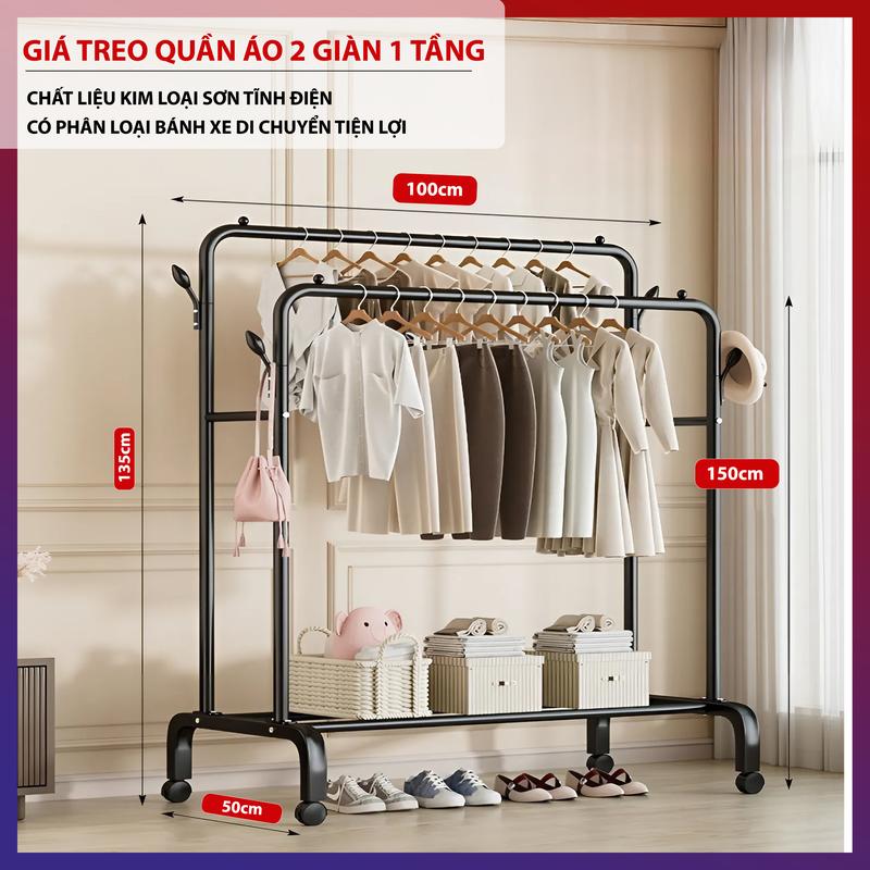 Kệ Treo Quần Áo 2 Giàn DLS Giá Treo Quần Áo Bằng Sắt Sơn Tĩnh Điện Có Bánh Xe Di Chuyển Lắp Ráp Dễ Dàng ketreo quanao