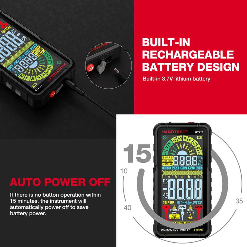 Product Introduction of HABOTEST HT128 Smart Digital Multimeter Rechargeable Non-Contact Touch Screen Multimetro Tester transistor 6000 Counts True RMS NCV Auto Range DC/AC Voltmeter 42