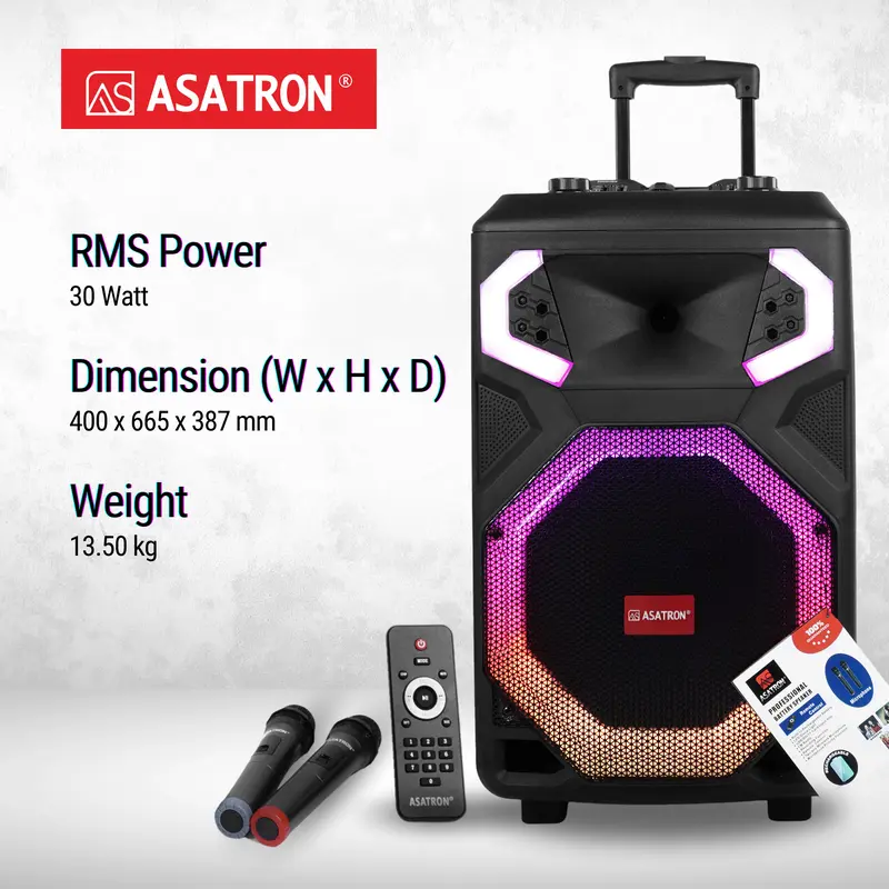 Asatron Acoustic 12 Inch Bluetooth Party Speaker with 2 Wireless Mic Bass TWS 5