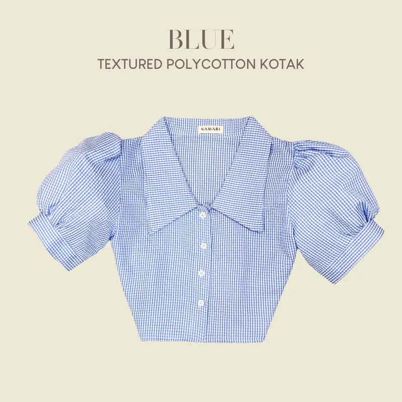 NAMARI - Alice Top - Baju Kemeja Croptop Lengan Balon Kotak Plaid Korean Wanita Fitted Press Body Motif Pendek Atasan Basic Katun Polyester 4