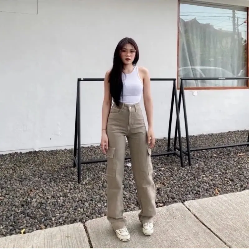 HIGHWAIST CARGO JEANS WANITA VIRAL JEANS WARNA Celana Panjang