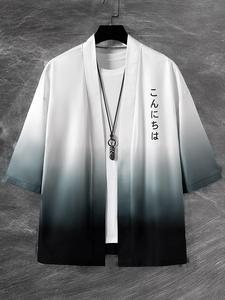 Kimono holgado degradado para hombre con gráfico de letras japonesas, estilo casual, tela moderada, regalo perfecto para novio, ropa de verano