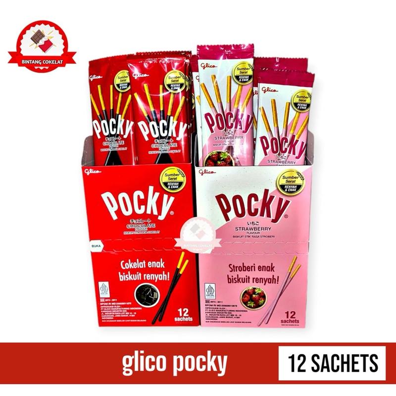 Pocky 1 Kotak Isi 12 Sachet dengan 2 Variasi Rasa Coklat & Stroberi - Makanan Coklat - Food Chocolate Camilan Cokelat Snack Cemilan Manis Keripik 0