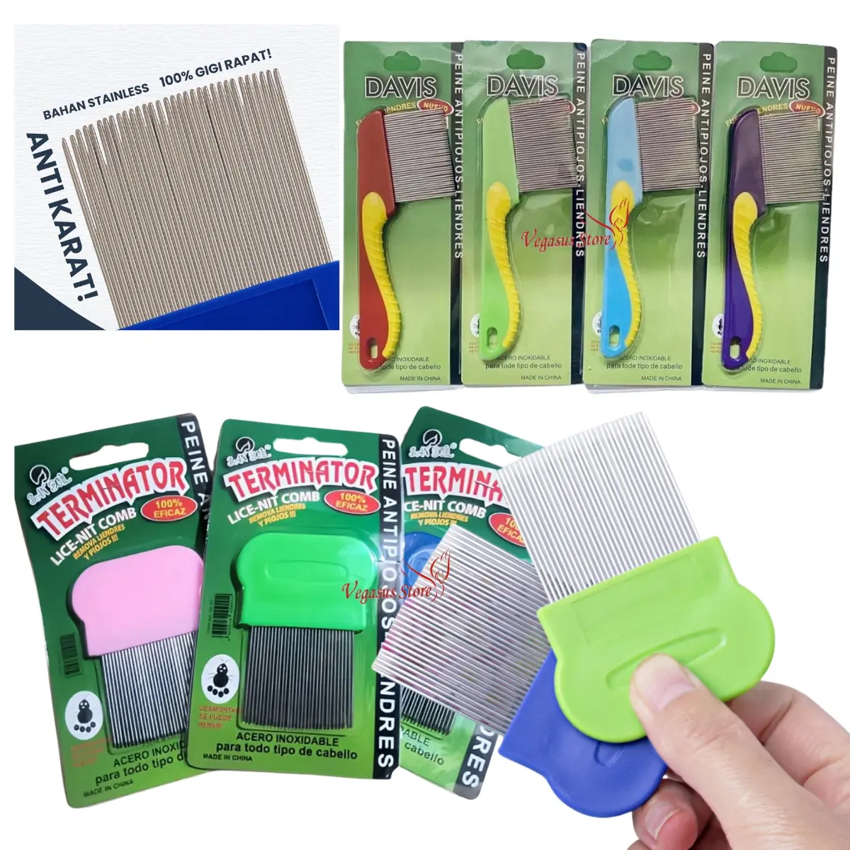 Sisir Kutu Serit Besi untuk Kutu & Ketombe Gagang Panjang 15.2cm Tahan Lama Bahan Serit Besi Haircare