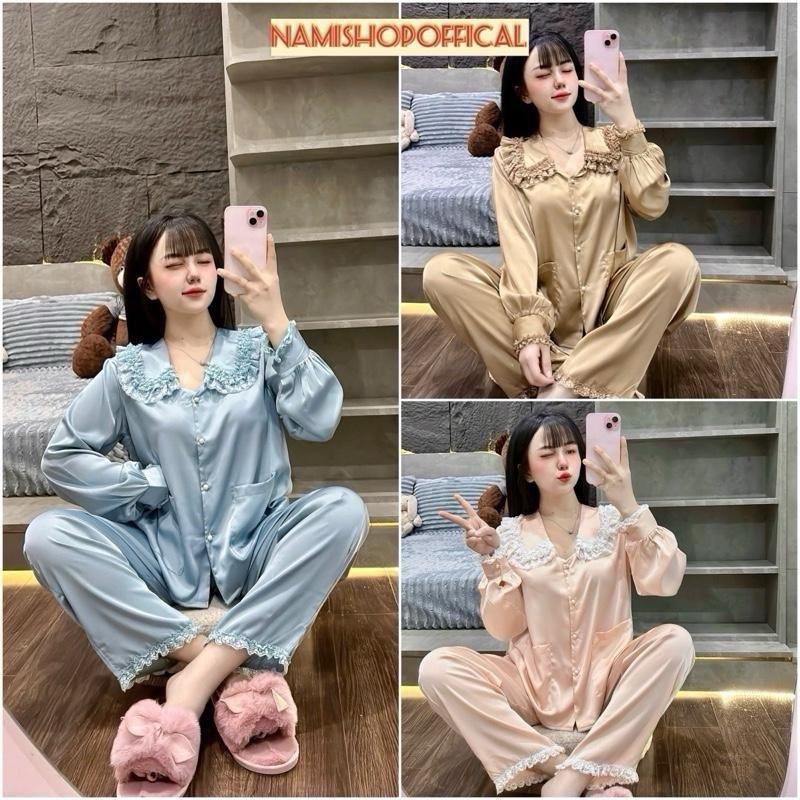 Đồ bộ nữ Pyjama cổ viềm bèo ren chất vải lụa Latin mềm mịn freesize - Namishop