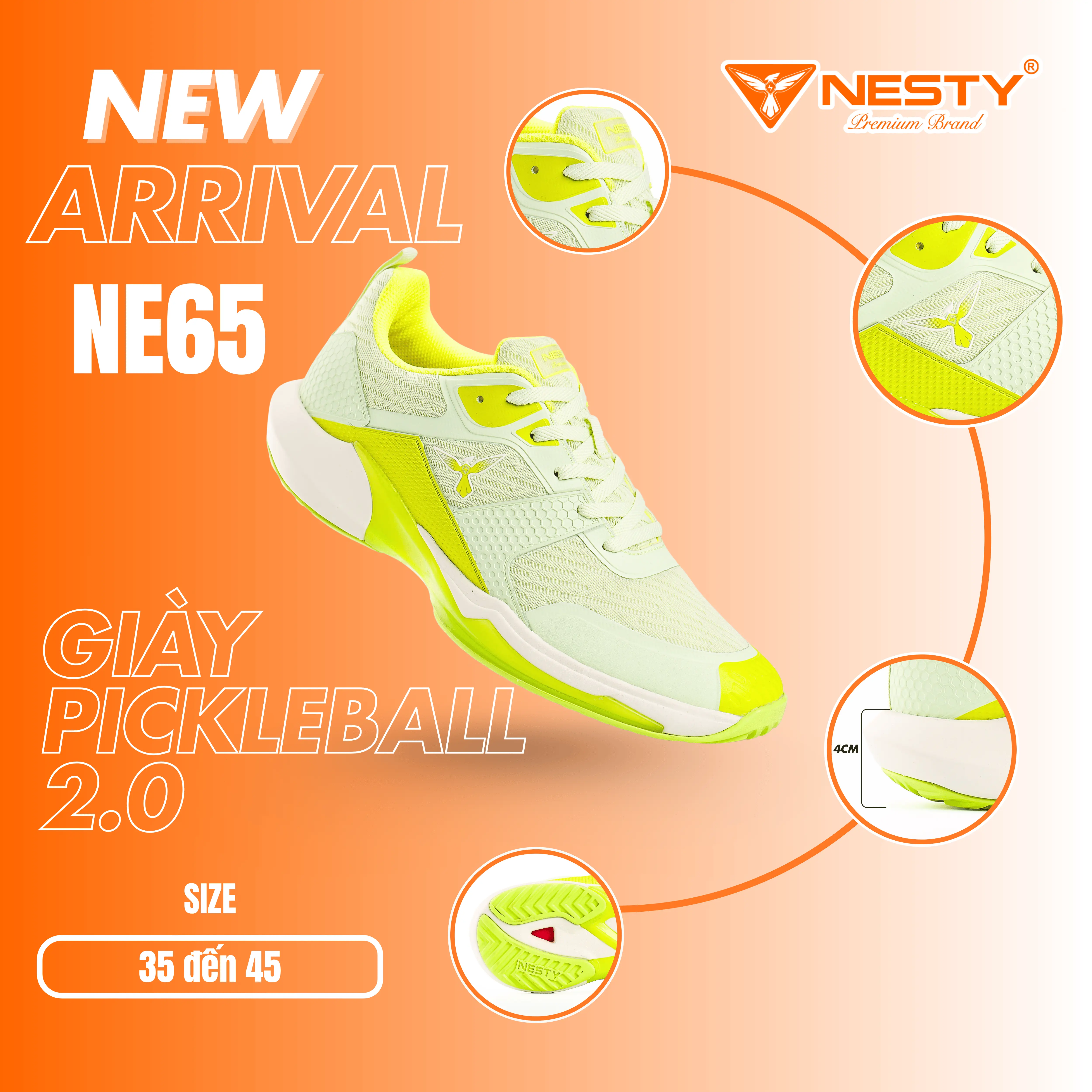 [NE65] Giày Pickleball NESTY – Êm Nhẹ, Bám Sân Tốt, Thoáng Khí [KO1]