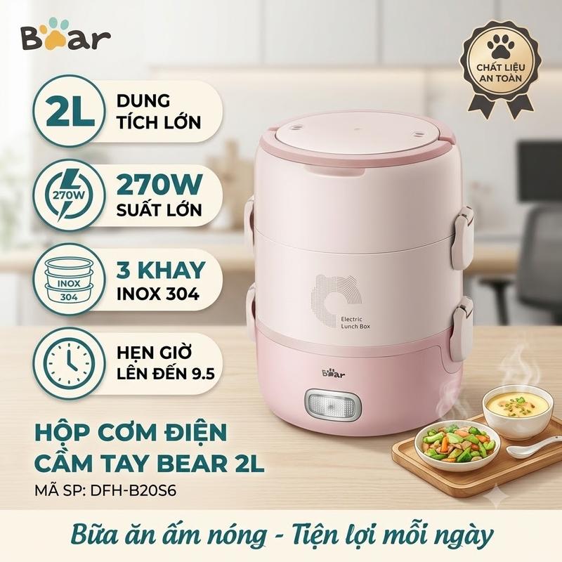 Hộp Cơm Điện Bear DFH-B20S6 2L 270W 3 Khay Inox 304 – Hâm Nóng, Hấp Trứng, Hẹn Giờ