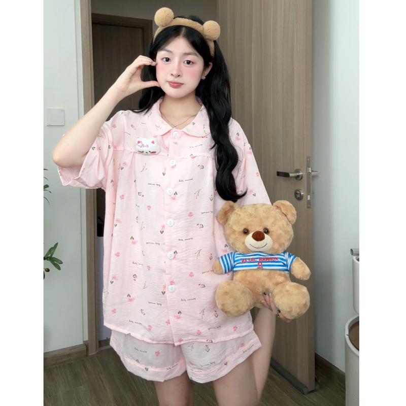 Kozoda Đồ Ngủ Đũi Vân Mây BN20 Họa Tiết Hoạt Hình Cute Dễ Thương Size S & M Thoải Mái Đồ Bộ Nữ Mặc Ở Nhà Đi Chơi Chất Liệu Mềm Mại