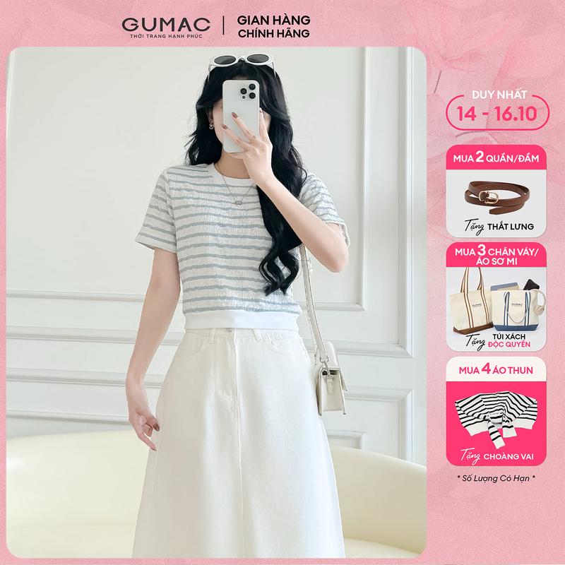 [MUA 4 TẶNG KHĂN CHOÀNG] Áo thun nữ form ôm slim phối sọc thun dệt mềm mát co giãn thoải mái thời trang GUMAC LATF0514