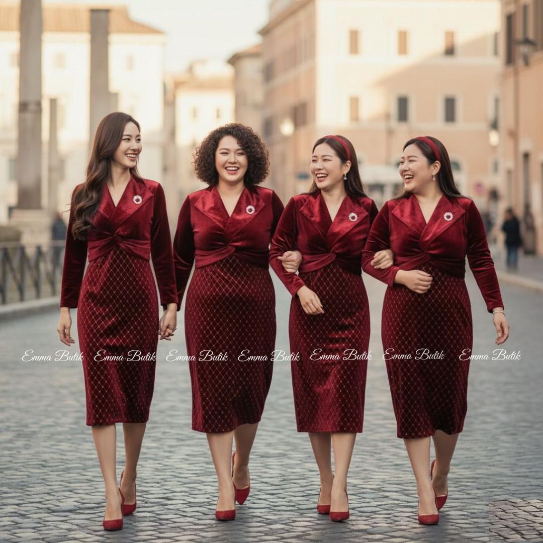 Emma.Butik E00629 Gaun Velvet Slimfit Body Midi Dress Pesta Mewah Kondangan Lengan Panjang Busui V-neck Formal Wanita Emma.Butik E00629 Gaun Velvet Slimfit Body Midi Dress Pesta Mewah Kondangan Lengan Panjang Busui V-neck Formal Wanita