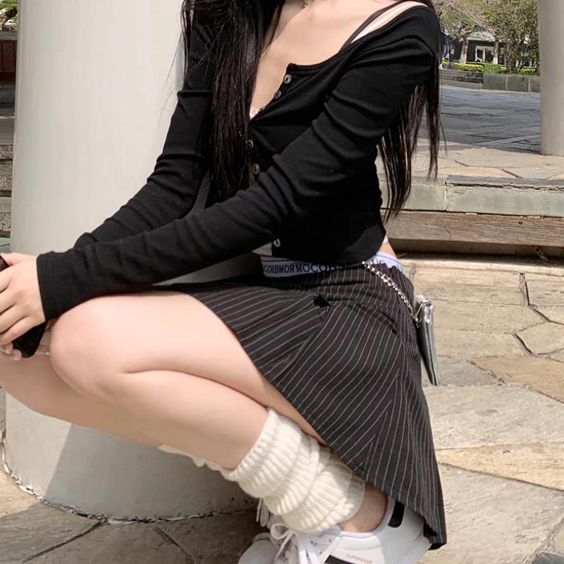 Rok lipit retro Amerika Rok garis-garis wanita ala Korea Pendek Casual Shakila Baju Dewasa Panjang Hitam Katun 6