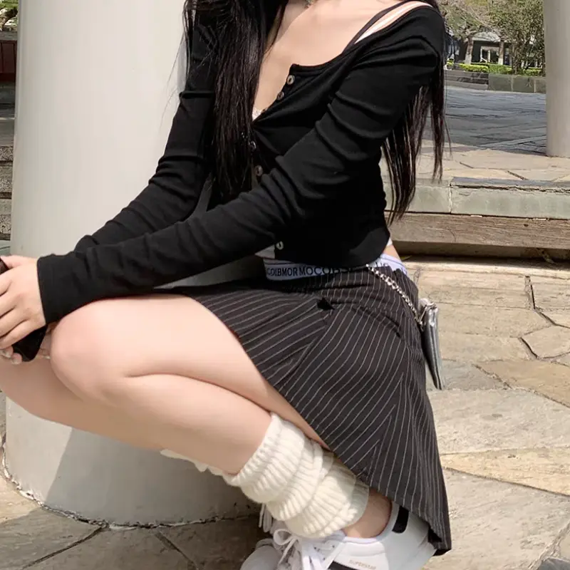 Rok lipit retro Amerika Rok garis-garis wanita ala Korea Pendek Casual Shakila Baju Dewasa Panjang Hitam Katun 5