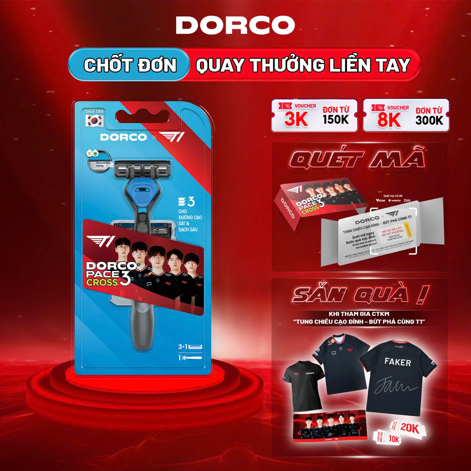 DORCO PACE 3 CROSS T1 Edition - Dao Cạo Râu Hàn Quốc 3 Lưỡi - Hộp Gồm 1 Cán và 4 Đầu Cạo