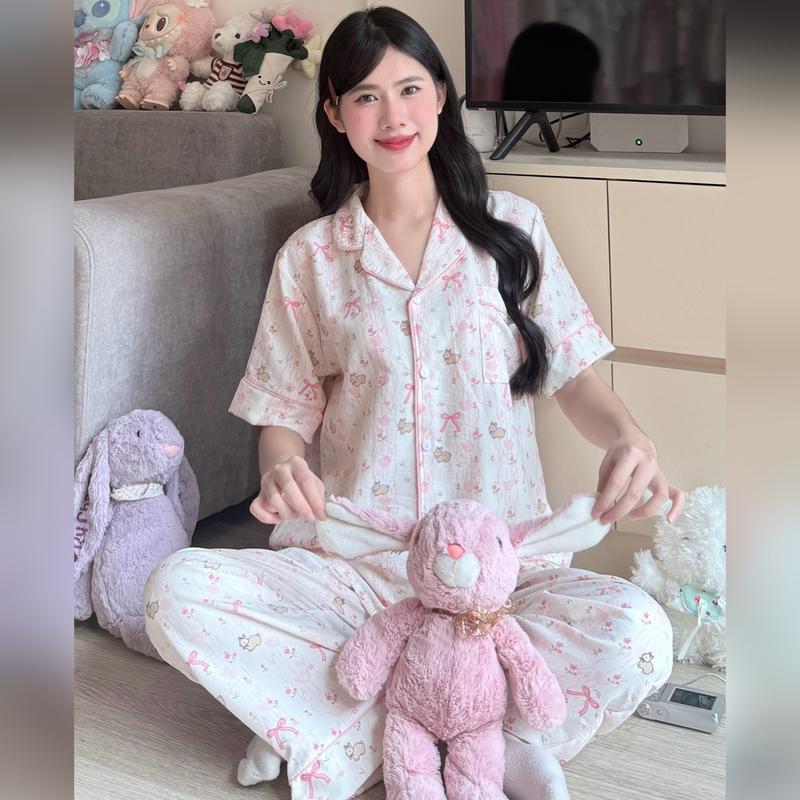HỎA TỐC HN Bộ Đồ Ngủ BY CHANN Bộ Viền SP02 áo cộc quần dài họa tiết dễ thương có bigsize 80kg