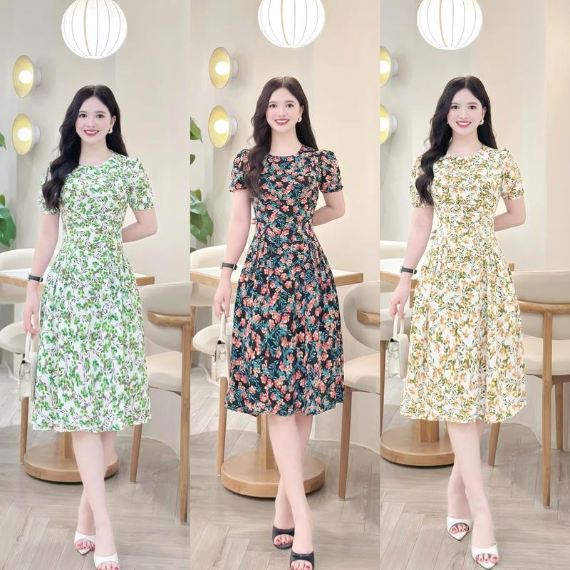 Đầm váy hoa nữ thiết kế Nhật Vy cổ tròn tay ngắn nhấn eo cách điệu dáng xoè bigsize chất lụa mango đi chơi du lịch biển chụp ảnh quà tặng vợ mẹ màu đen xanh vàng - D3384
