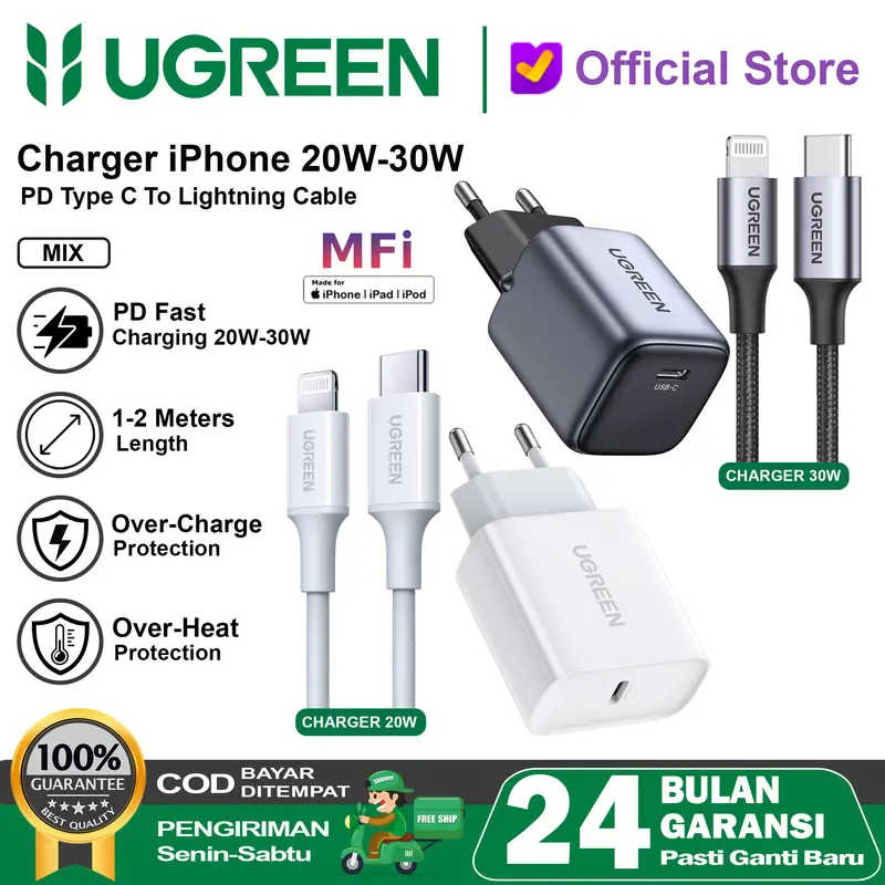 UGREEN Charger iPhone 11 12 13 14 Lightning MFI PD Type C Fast Charging 20w 1