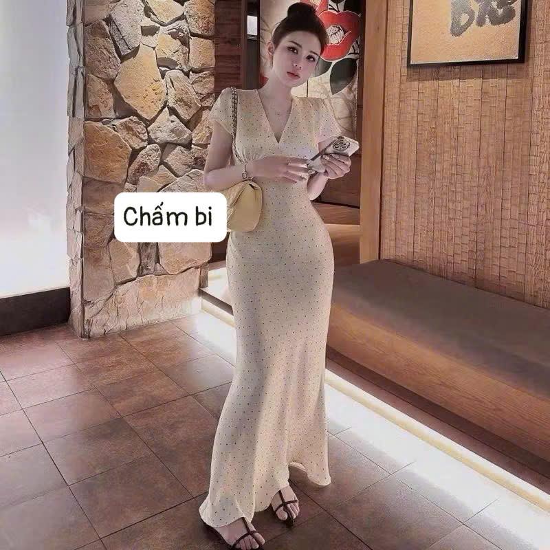SM - Đầm lụa cổ v tay ngắn dáng dài Có khoá kéo tôn body - Chất Liệu Latin H107 D87 Váy boby váy body nữ tôn dáng váy xinh váy đi tiệc váy đi biển