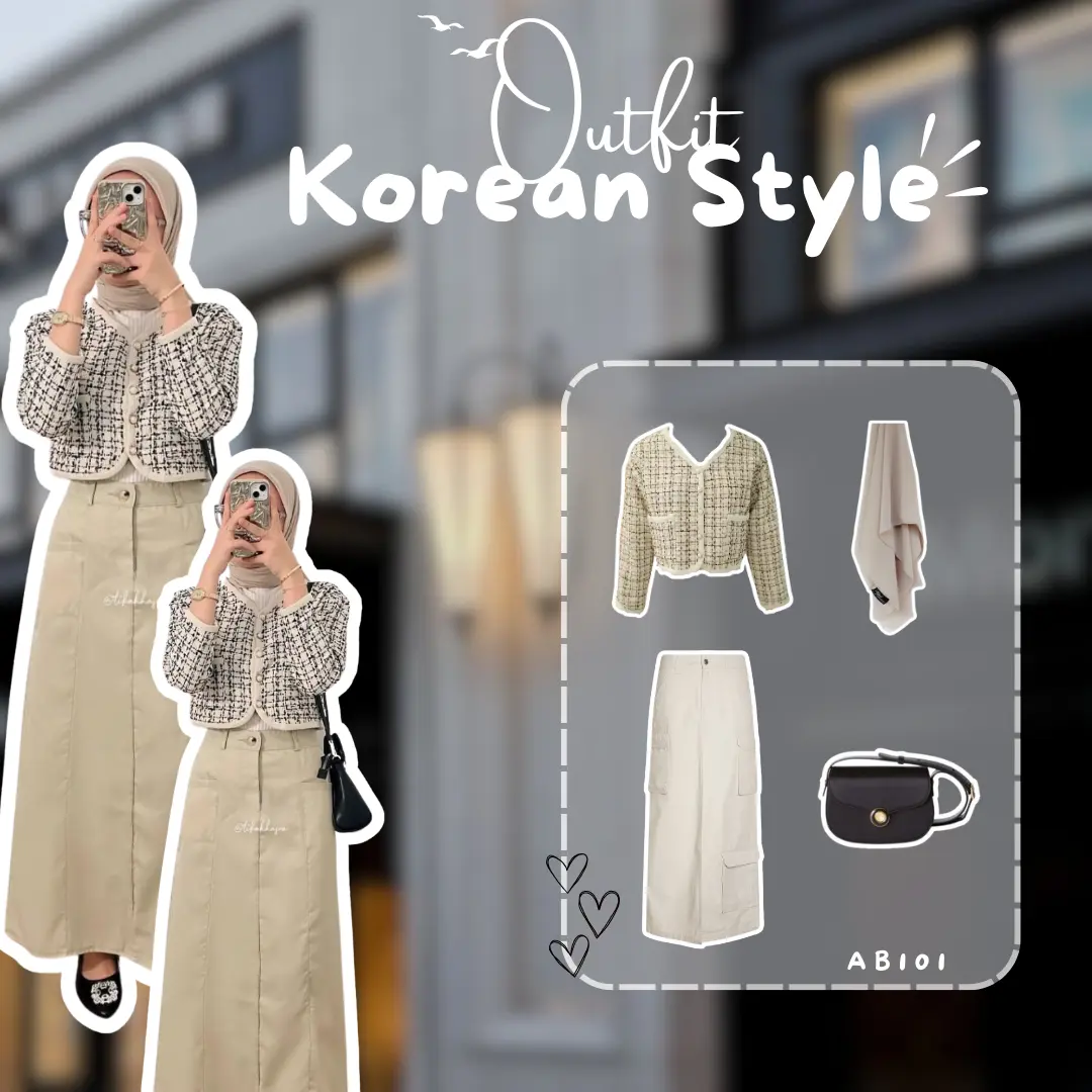 AB101 - Outfit One Set Korean Style Hijab | Ootd Wanita Kekinian Outfit Nongkrong Cardigan Tweed Korea, Rok Cargo Setelan