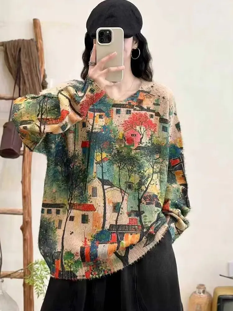 Ama LuluE 2025 Winter Fashion Cartoon Printed Jumpers Womens Korean Oversized Cas l Sweaters Ladies Vintage Classic Pullover