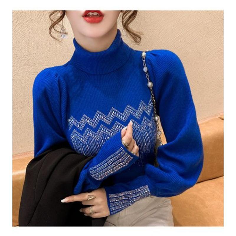 Product Introduction of Solid Color Diamonds Turtleneck  Sweaters Autumn Winter Female Commute Fashion Lantern Sleeve Thick Knitted Jumpers 16