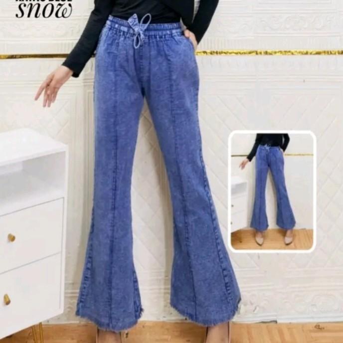 Celana Cutbray Wanita Jeans Model Highwaist Kekinian Bawahan Cewek Casual Pinggang Karet Panjang Nyaman Hitam Dewasa Denim 6