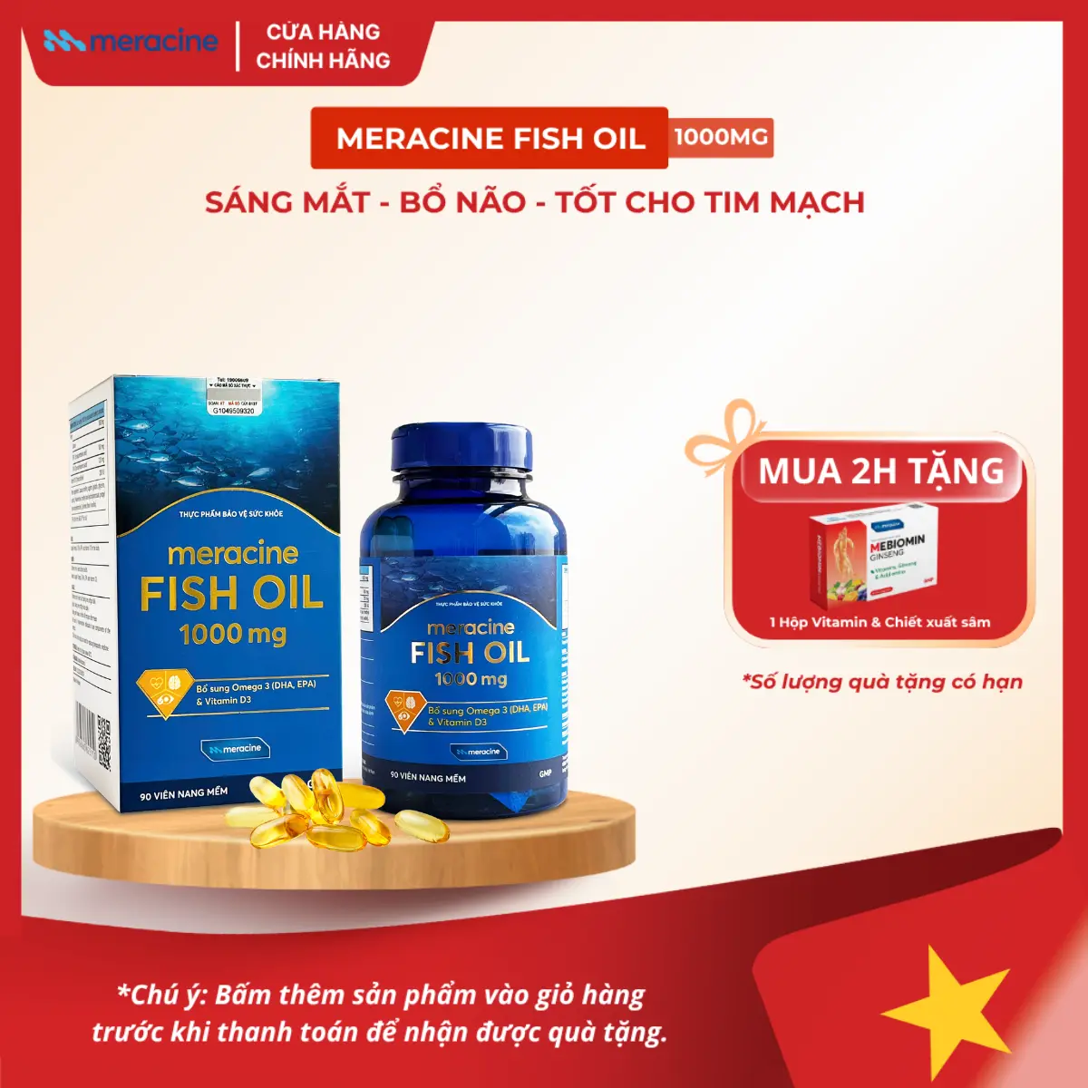 Dầu cá Omega 3 Meracine Fish Oil tăng cường thị lực và sáng mắt, bổ sung DHA, EPA và vitamin D3 lọ 90 viên (Meracine Fish Oil)