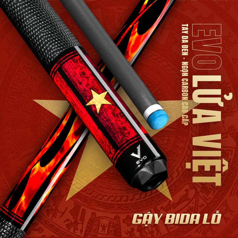   TẶNG GĂNG TAY VN  EVO Lửa Việt - Gậy Bida Lỗ Ngọn Carbon Cao Cấp - Chính Hãng 