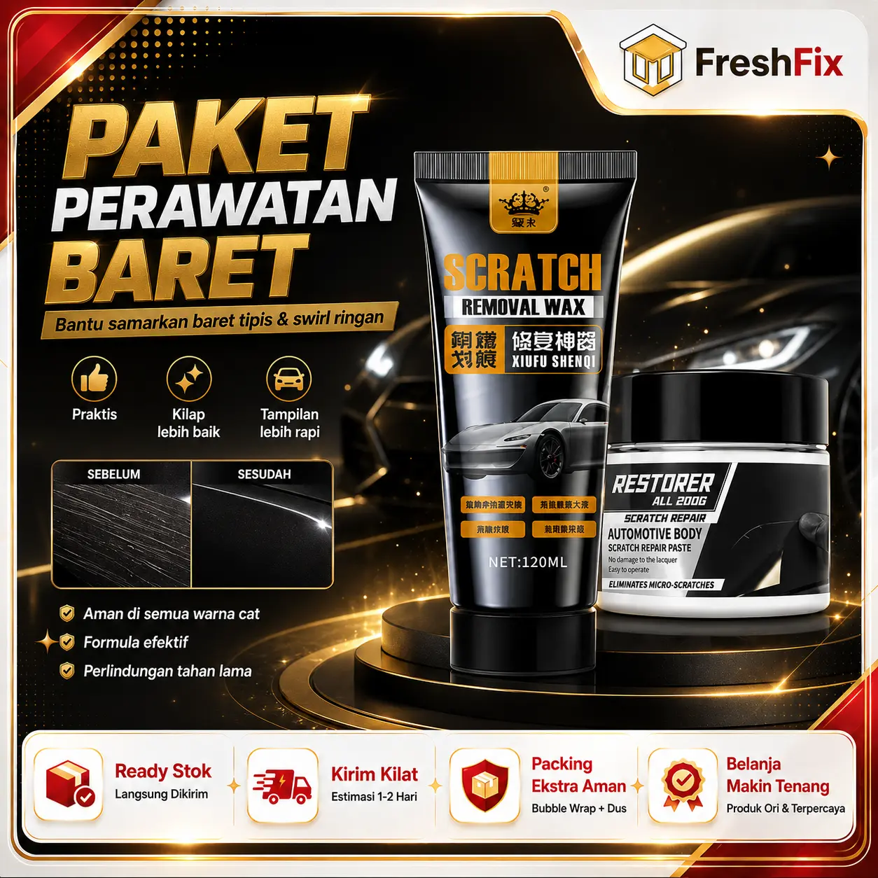 Perbaikan Goresan Kit Lilin Profesional Formula 3-in-1 untuk Menghilangkan Goresan pada Mobil dan Motor Memoles dan Melindungi Beraksi Cepat 200g Berfungsi pada Semua Jenis Cat COD