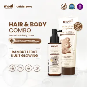 Moell Hair & Skin deals Bundling Body Lotion 185gr & Hair Lotion 100gr - Perawatan Badan & Rambut Bayi Anak Formulasi Dokter - Hair Lotion dengan Panax Ginseng, Candlenut Oil, Biotin - Skincare Bayi - Skincare Anak