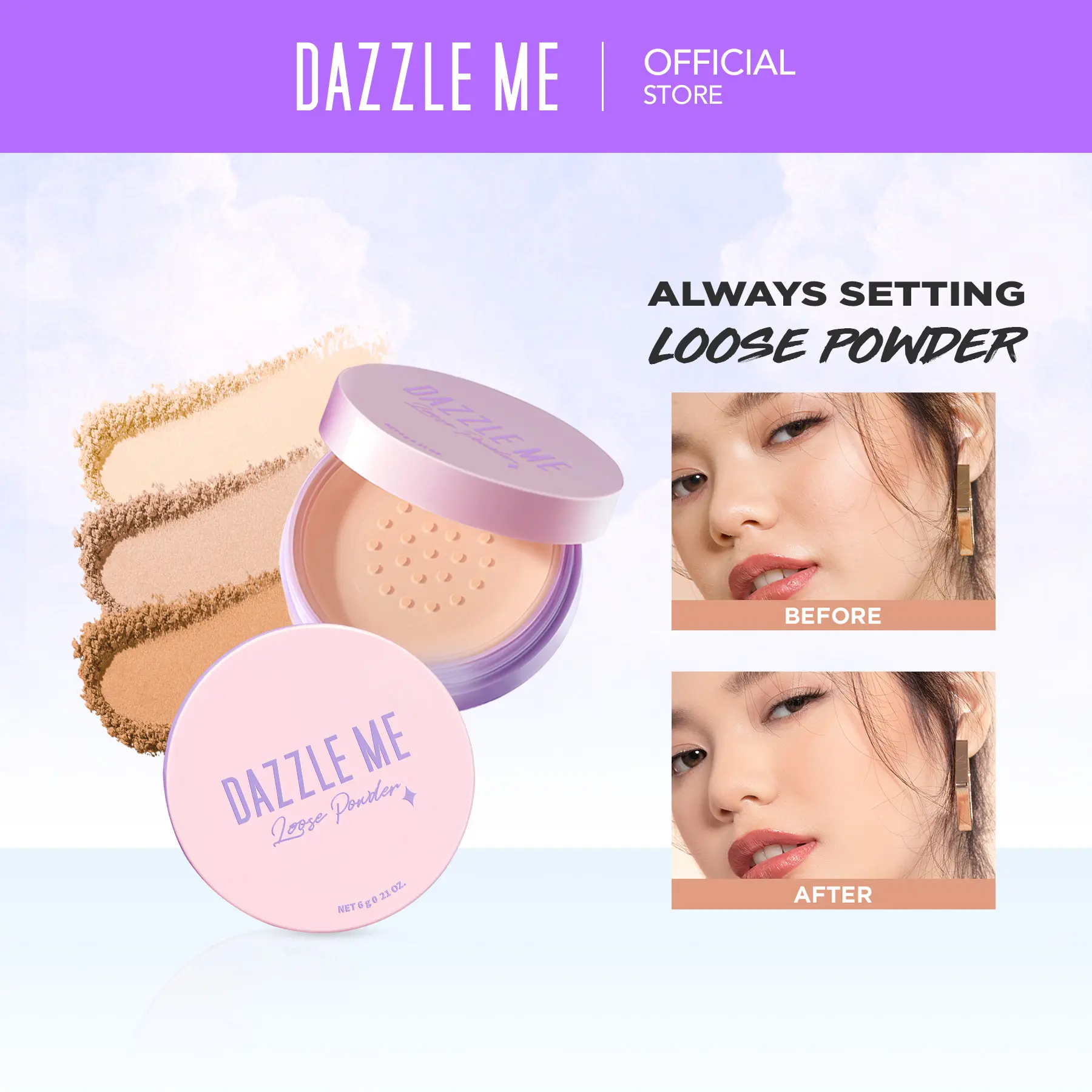 [BPOM] DAZZLE ME Always Setting Loose Powder Super Soft Smooth Bedak Tabur Tahan Minyak Natural Translucent Kosmetik Hydrating Lasting Super Soft oil control loose powder Natural Translucent Kosmetik Tahan 24 Jam tahan air