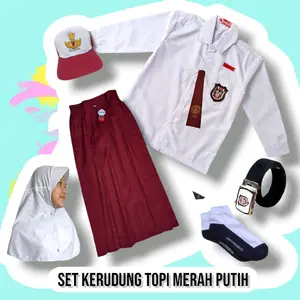 Set Kerudung Merah Putih Anak SD Perempuan Kemeja Panjang Rok Panjang