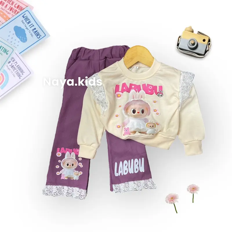 Setelan Anak Perempuan Labubu Celana Cutbray Motif Labubub Viral Bahan Babyterry Premium Korea Usia 1-5 Tahun one  set  korean style Cewek Parsel setelan  anak baju labubu anak perempuan Bayi Katun 3