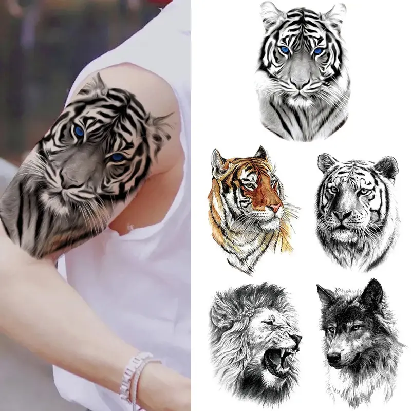 Lion Tiger Keren Tato Sementara Stiker Fashion Serigala Tahan Air Hewan Seni Tubuh Lengan Palsu Tato Yang Dapat Dilepas Kepribadian Pria Wanita