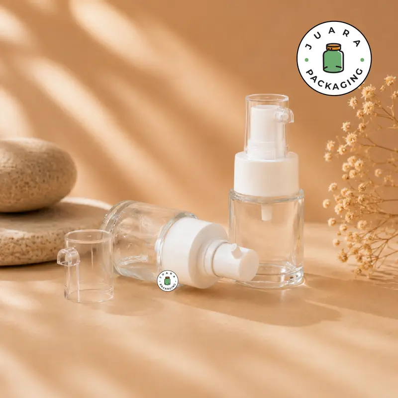 Botol Pump 20ml Kaca Bening Transparan dengan Tutup Pump – Botol Kosmetik Kaca Tebal Elegan untuk Serum, Skincare, Essence, Lotion, Wadah Refill Travel Size 20 ml