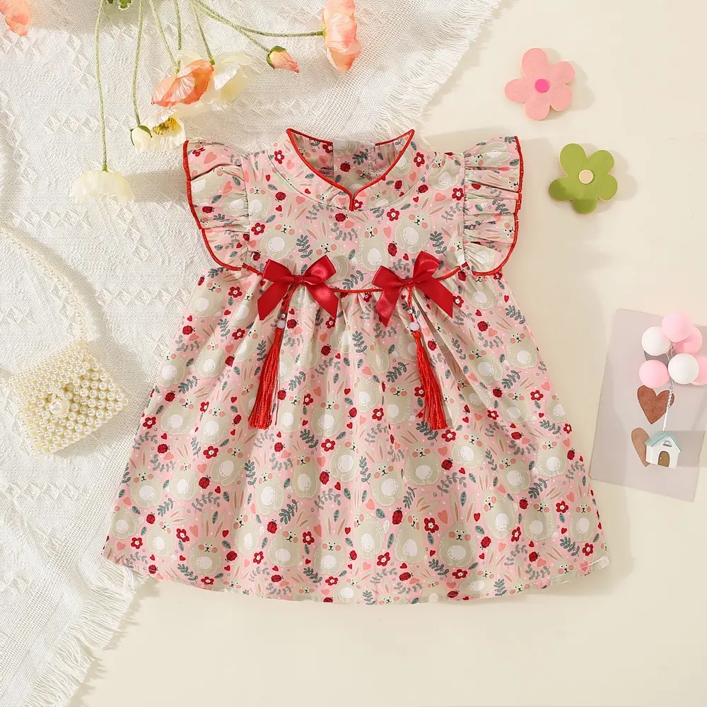 Cotton Baby Dress Chinese Style Rabbit Printed Dress Cheongsam Summer Kids Clothes