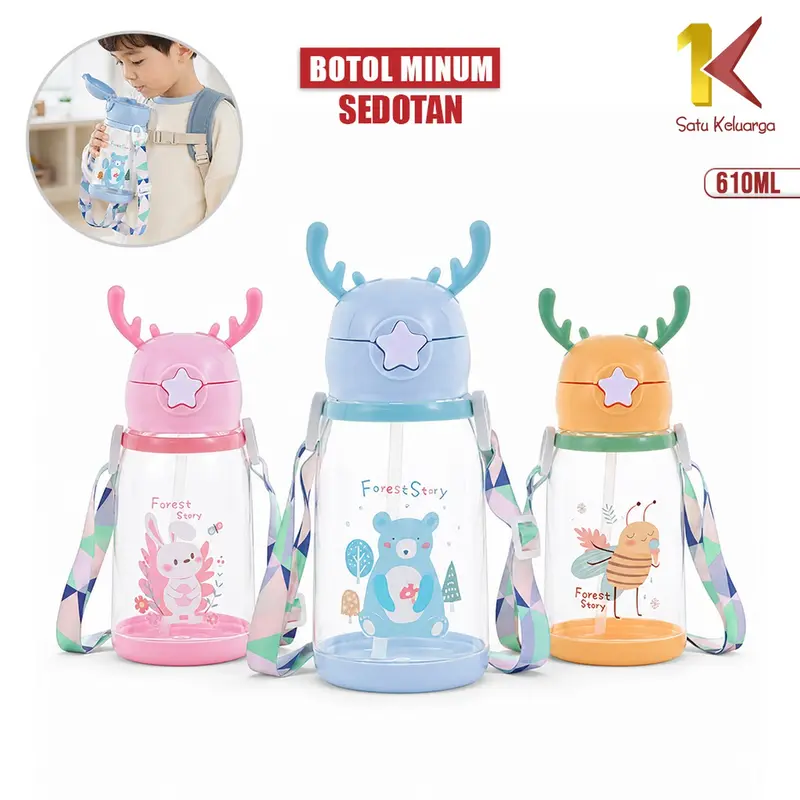 [COD] SK C406 Botol Air Minum Anak Sedotan 610mili Model Tanduk Rusa Lucu Bottles Minum Anak plastik tali kitchenware water