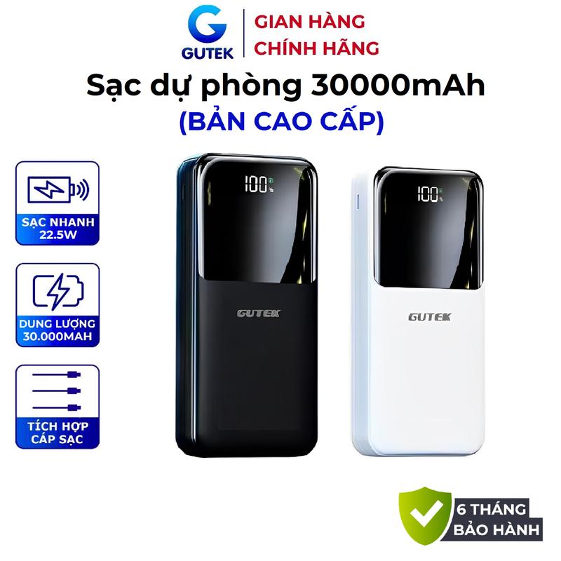 Sạc dự phòng Gutek GT69 in 30000mAh sạc nhanh PD20W Pin dung lượng lớn đi kèm dây