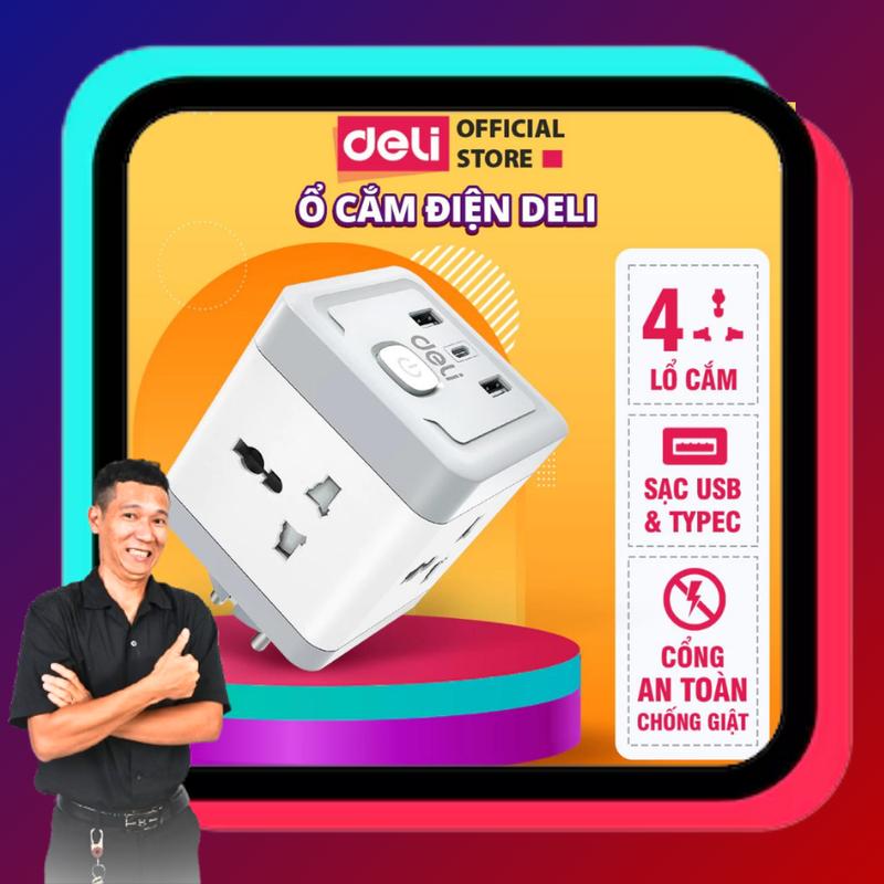 (Mới) Ổ Cắm điện không dây DELI Đa Năng 3 Chấu Chân Tròn Dẹt 2500W 4 Lỗ Cắm Sạc USB TypeC Chống Giật An Toàn