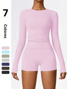 Conjunto deportivo para mujer de 2 piezas, top de manga larga ajustado de nylon y shorts de cintura alta, fitness de secado rápido para correr y actividades al aire libre