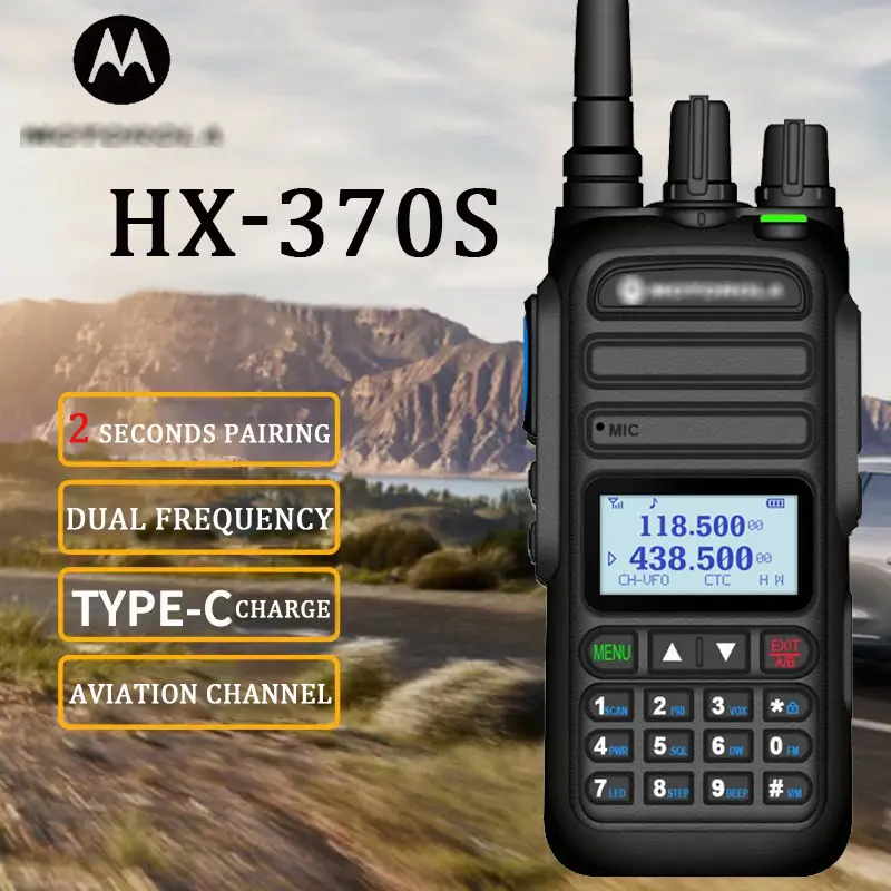 HT HX-370S 15 Watt Walkie Talkie Radio Jarak Jauh 20KM [Headset gratis] satu tombol untuk frekuensi Walky Talky U/V segmen ganda FM IP68 Tahan air dan kedap debu Pita Penuh 136-520MHz(Headset Gratis)