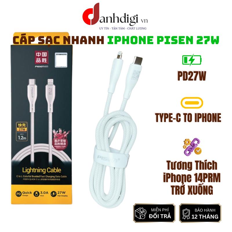 Cáp sạc nhanh iPhone PD27W Pisen dây dù dài 1m2 Type-C to lightning cho iPhone 14promax,14pro,14,13promax,13,13pro,12promax,12pro,12,11promax,11pro,11,xr,xs,xsm,x,8plus,8 cốc sactocdo