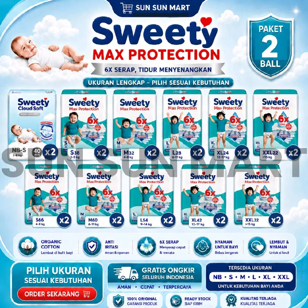 PAKET 2 BAL SWEETY SILVER PANTS NBS40 / S38 / M32 / L28 / XL24 / XXL22 / S66 / M60 / L54 / XL42 / XXL32